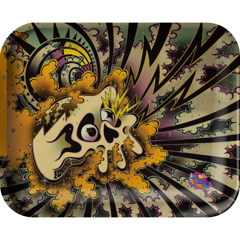 Forcino Skull rolling tray - detailed skull artwork in orange smoke and black lightning