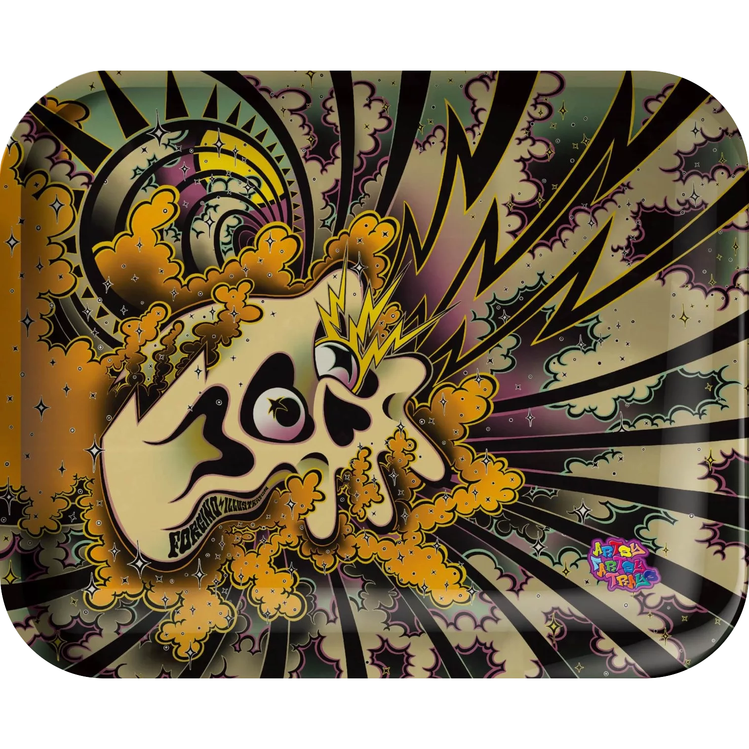 Forcino Skull rolling tray - detailed skull artwork in orange smoke and black lightning