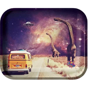 Retro Dinosaur rolling tray - original artwork of dinosaurs and a UFO in deep space