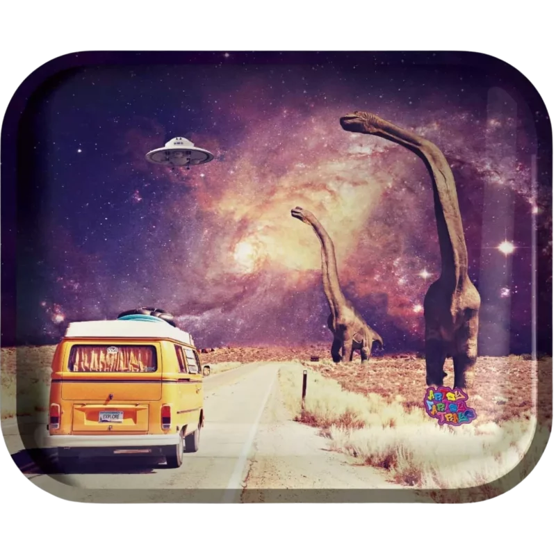 Retro Dinosaur rolling tray - original artwork of dinosaurs and a UFO in deep space